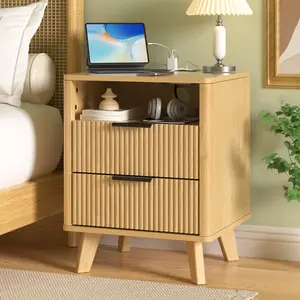 HOMMPA 18'' Fluted Nightstand with Charging Station, Modern Bedside Table with Open Shelf, 2 Drawer Bed Side End Table with 4 Support Legs, Mid Century Modern Wood Night Stand for Bedroom