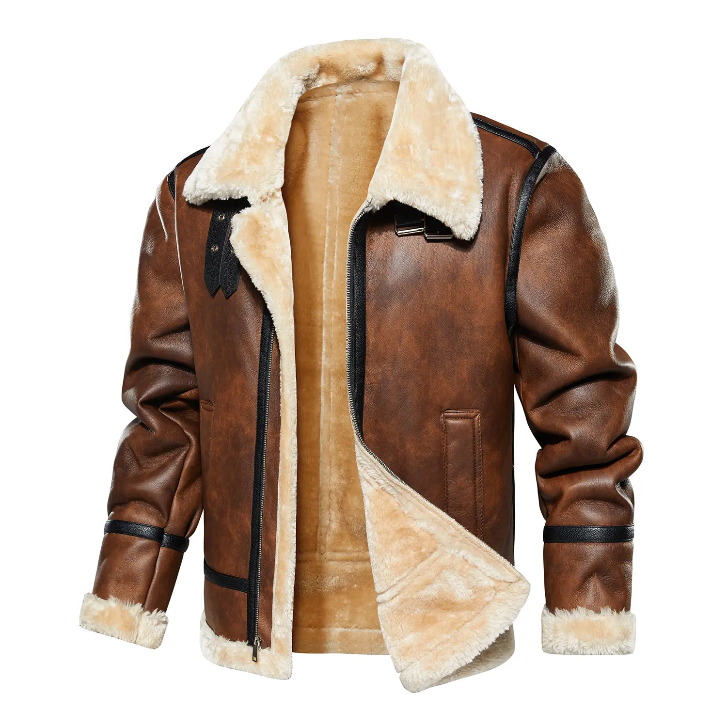 Men's Faux Leather Aviator Jacket, Sherpa Lined Full Zip Bomber Coat with Buckle Strap Details and Pockets for Winter Wear