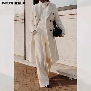 Elegant White Woolen Blend Trench Long Coat Wome...
