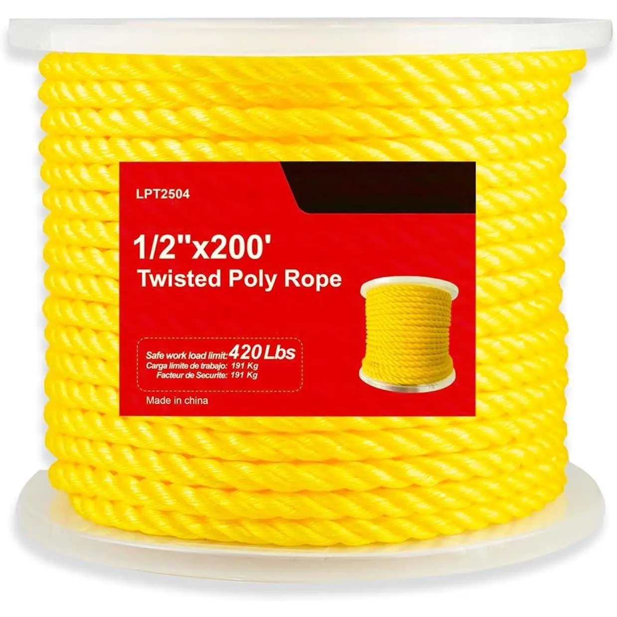 1/2 Inch x 200 FT Yellow Twisted Polypropylene Rope - Resists Oil & , Anti-Slip, Easy to Knot, Flexible, Floats, Stretch Resistant for Marine and Utility Use