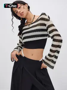 Women's Colorblock Striped Print Flounce Sleeve Crop Sweater, Casual Long Sleeve Round Neck Jumper for Spring & Fall, Fashion Women's Knitwear for Daily Wear, Tops Knitted Womenswear