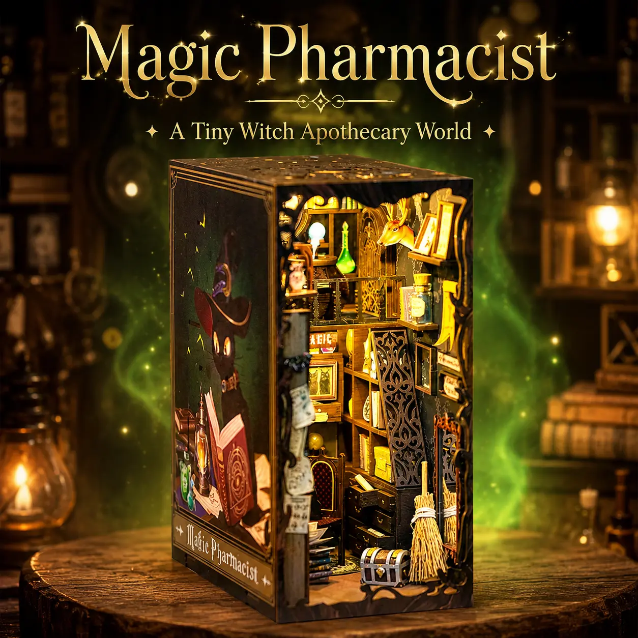 CUTEBEE Magic Pharmacist Book Nook Kit - DIY 3D Wooden Puzzle Creative Building Set, Miniature Dollhouse with LED Light, Bookshelf Insert Decor, Craft Gift for Adults