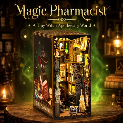 CUTEBEE Fantasy Magic Pharmacist Book Nook 3D Wooden Puzzle - DIY Wood DIY Pack, Creative Building Block Playset, Miniature Dollhouse with LED Light, Bookshelf Insert Decor, Collectible Craft Gift for 14+ Years Adults