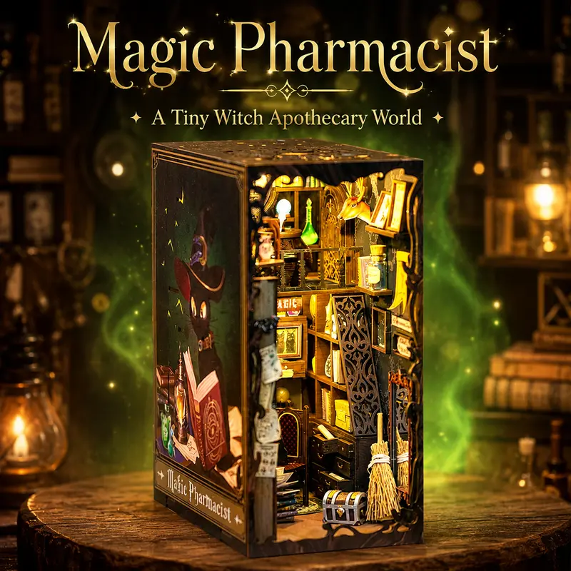 CUTEBEE Fantasy Magic Pharmacist Book Nook 3D Wooden Puzzle - DIY Wood DIY Pack, Creative Building Block Playset, Miniature Dollhouse with LED Light, Bookshelf Insert Decor, Collectible Craft Gift for 14+ Years Adults