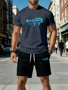 Men's Casual Graffiti Set, 2-Piece White & Black "NEVERMIND" T-Shirt & Elastic Waist Shorts, Polyester Breathable Outfit for Summer, Stylish Loungewear for Men, Great for Travel & Outdoor Activities