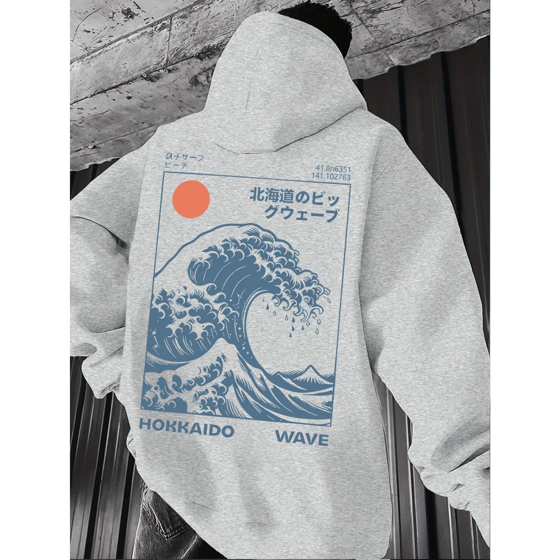 Men's Japanese Graphic Hoodies - Geometric Wave, Great Wave off Kanagawa, Retro Surf Style, Japanese Text, Polyester Knit Fabric, Cotton Blend, Casual Pullover, Spring & Autumn Menswear Tops, Machine Washable