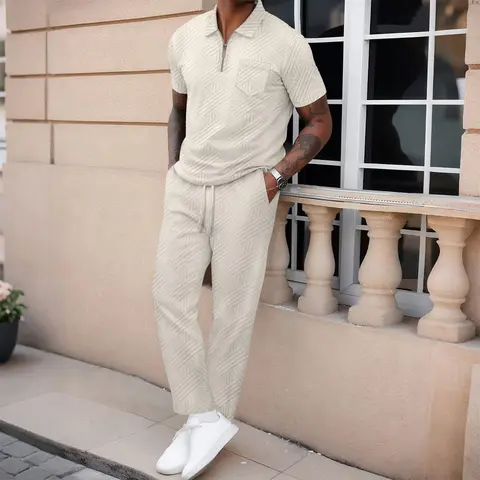 Men's 2-Piece Menswear Plain Matching Set - Short-Sleeve Partial-Zip Polo Shirt, Drawstring Pocket Pants, Casual Summer Loungewear for Young Men, Father's Day Gifts, Polyester Fabric