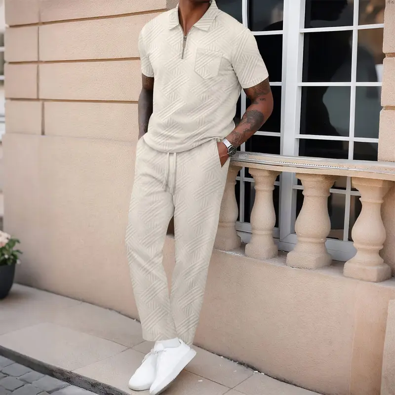 Men's 2-Piece Menswear Plain Matching Set - Short-Sleeve Partial-Zip Polo Shirt, Drawstring Pocket Pants, Casual Summer Loungewear for Young Men, Father's Day Gifts, Polyester Fabric