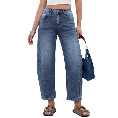 【GRAPENT Stretchy Barrel Jeans】Women's High-Waist Zip-Front Crop Wide-Leg Above Ankle Denim Bottoms, Cotton-Blend Elastane with Side Seam Detail, All-Seasons Trendy Cropped Jeans for Women's Clothes Streetwear Casual Wear