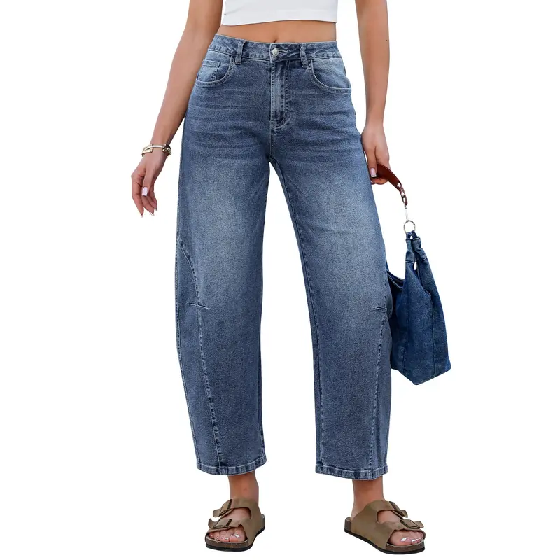 【GRAPENT Stretchy Barrel Jeans】Women's High-Waist Zip-Front Crop Wide-Leg Above Ankle Denim Bottoms, Cotton-Blend Elastane with Side Seam Detail, All-Seasons Trendy Cropped Jeans for Women's Clothes Streetwear Casual Wear,sohochic