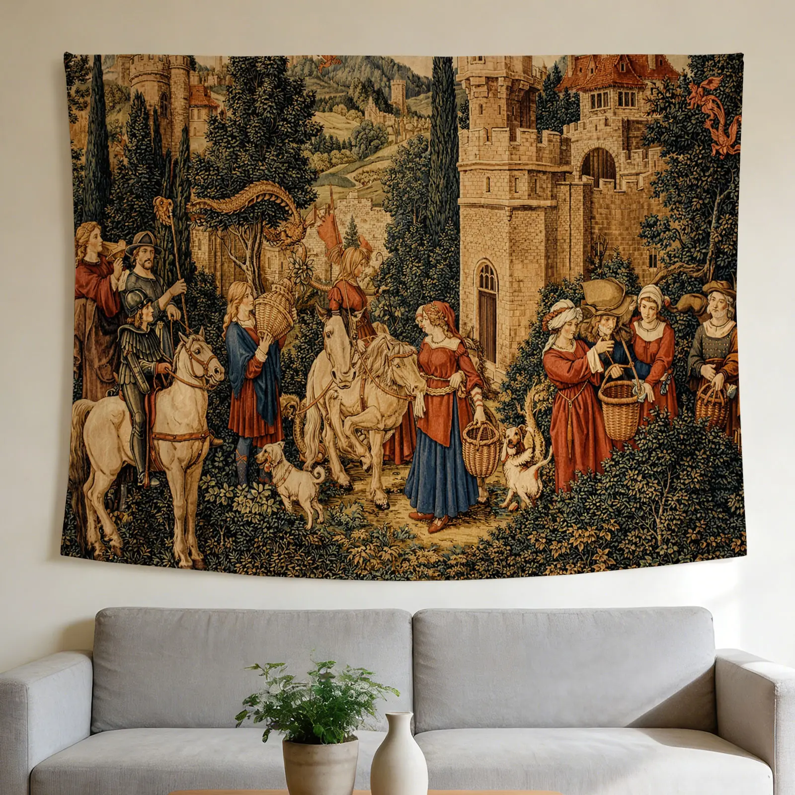 Lightweight Polyester Medieval Castle and Dragon Tapestry - Fantasy Renaissance Historical Scene Wall Hanging, Whimsical Home Decor for Multiple Festival Use (Valentine's Day, Christmas), Wall Decor