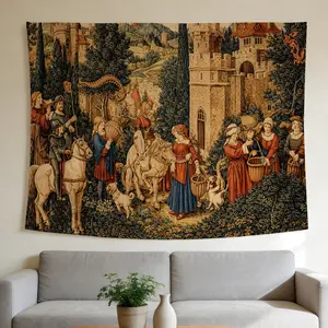Medieval Castle and Dragon Tapestry Fantasy Renaissance Historical Scene Wall Hanging Suitable for Home Decor Valentine's Day Easter St.Patrick's Day Halloween Christmas and Other Festival Decorations.