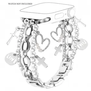Faux Pearl Decor Watch Band with Chain Bracelet, Adjustable Unique Pendant metallic Watch Band, Wearable Accessories Compatible with Apple Watch, Smart Watch Strap