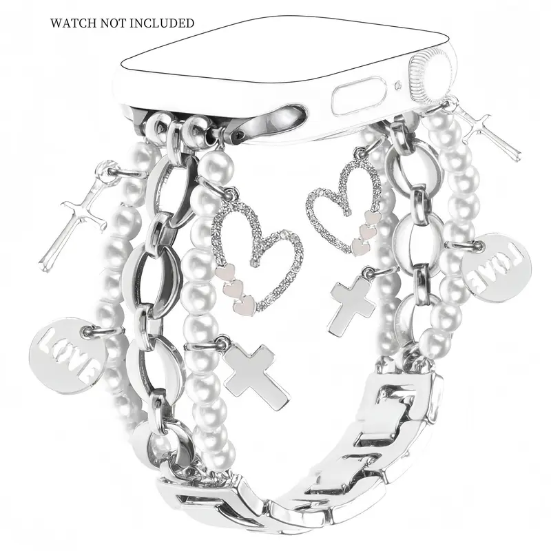 Faux Pearl Decor Watch Band with Chain Bracelet, Adjustable Unique Pendant metallic Watch Band, Wearable Accessories Compatible with for Apple Watch, Smartwatch Compatible Bands, Smart Watch Straps (Band Only)