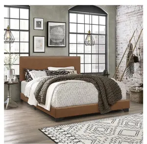 Willow Nailhead Trim Upholstered Queen Bed, Saddle Brown Faux Leather