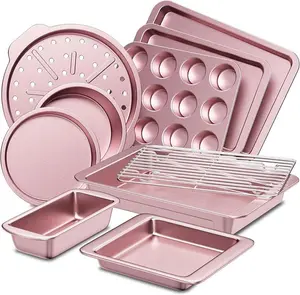 [FallDealsForYou]HONGBAKE 10pc Bakeware Sets, Teflon-free Cookware Set, Non-Stick, Baking Pan Set, Cookie Sheets, Girly Kitchenware,Baker, Pink Kitchen Stuff Modern Cake