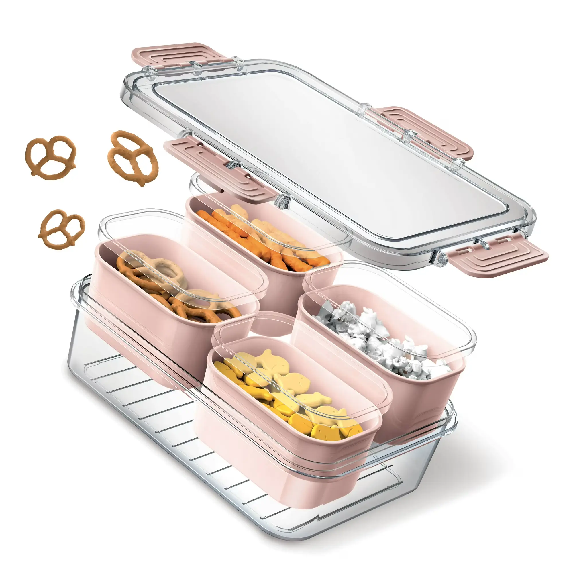 4-Compartment Mini Snackle Box, Charcuterie and Snack Container, Divided Serving Tray with Lids, Dishwasher Safe, Pink