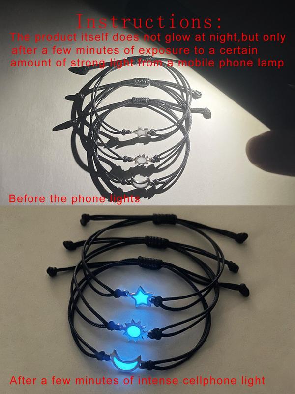3 Pcs Bracelet Set Glow-In-The-Dark Moon Star Bracelets, Simple Fashion Handwoven Gift Wristbands, Perfect for Gifts and Daily Wear