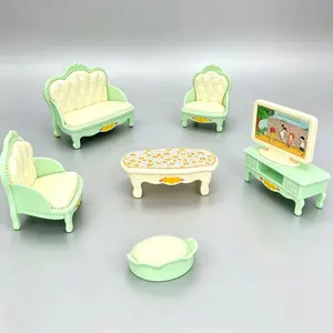 Playhouse Miniature Living Room Furniture, Sofa Table Chairs TV Doll House Scene Decorations, Kids' Role-Playing Accessories