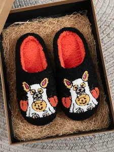 Cute Pet Dog Pumpkin Embroidered Plush Slippers, Soft Comfortable Black Home Shoes for Men & Women for All Seasons, Spooky Perfect Halloween Gift for Dog Moms, Footwear