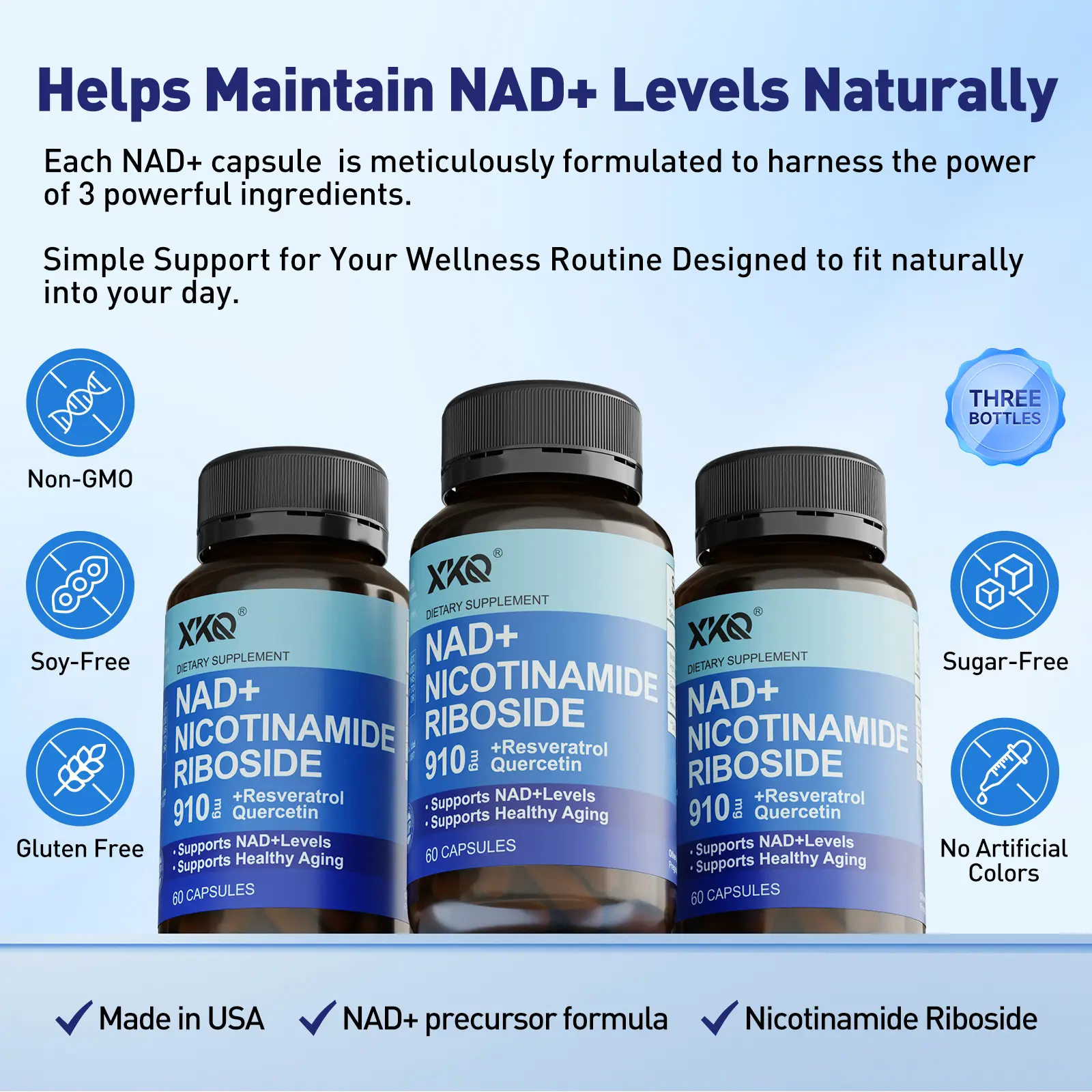 XKQ NAD+ Nicotinamide Riboside Supplement – Non-GMO, Gluten Free – 60 Capsules Three bottles