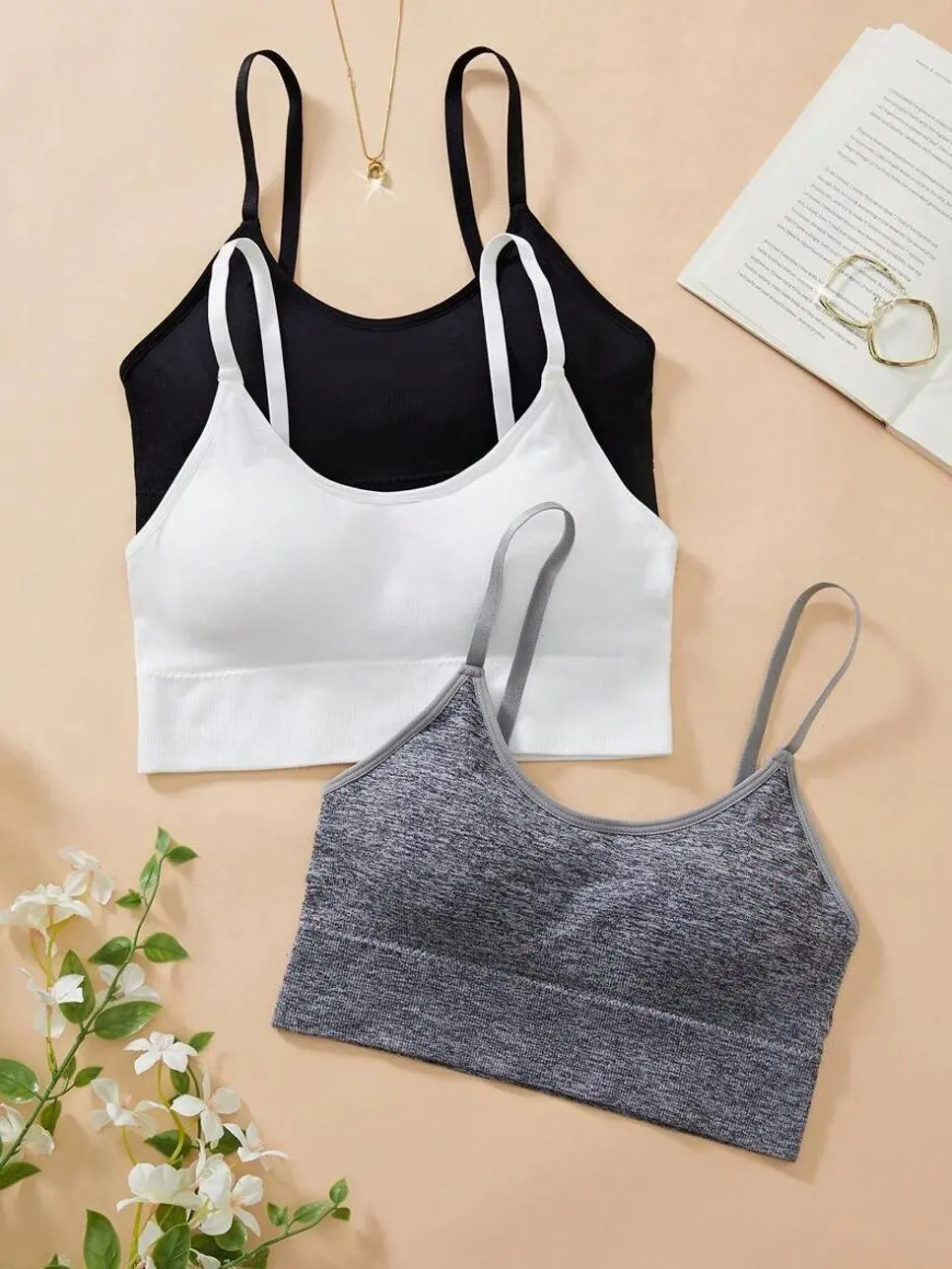 Women's 3-Pack Seamless Wireless Bralettes, Padded Cami Bras, Soft Stretch Everyday Comfort Bras for Yoga, Lounge & Daily Wear