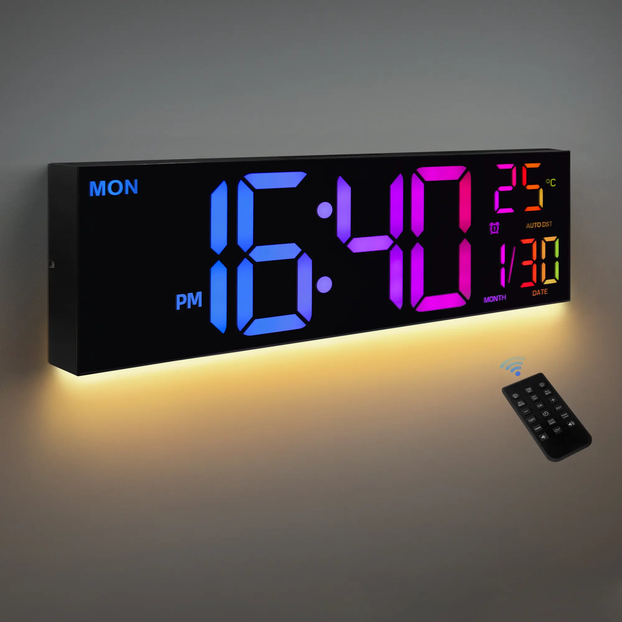Leike Multifunctional Alarm Clock, 16 in Large Rectangle LED Wall Clock with Color Changing Display, Remote Control, Auto DST, Adjustable Brightness, Night Light, 24/12-Hour Format - Decorative Home Decor for Living Room Office