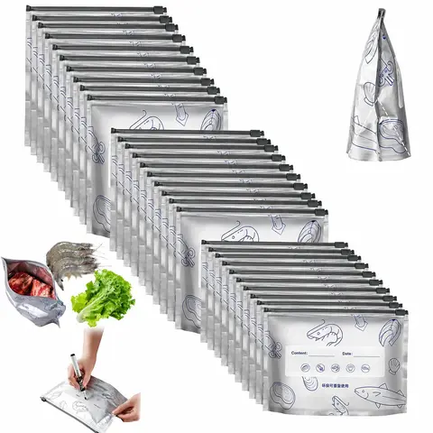 30/60/90 PCS 3 Size Reusable Preservation Bags, Airtight Vacuum Sealer Food Storage Bags, Leak Proof Freezer Safe, Stand Up Foil Sealable Pouches for Meal Prep, Pantry Organization, Travel Snacks