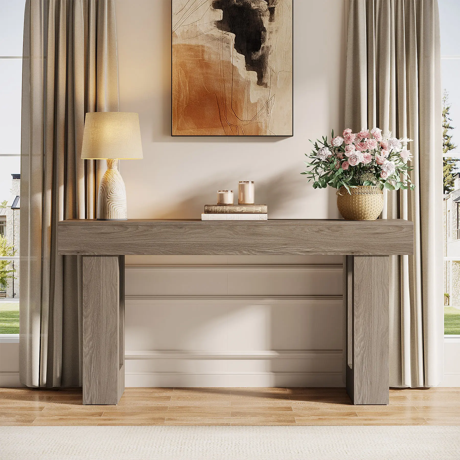 Tribesigns 63-Inch Long Grey Wooden Console Table for Entryway, Large Sofa Table Behind Couch, Industrial Console Sofa Tables for Living Room