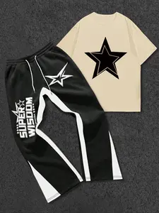 Men's Two-Piece Star Letter Print T-Shirt and Pants Set, Casual, Round Neck Short Sleeve, Fitted Long Pants, Knit Fabric, All Seasons
