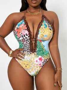 Plus Size Leopard Print Plunge Neck One-Piece Swimsuit with Frill Trim for Summer Beach