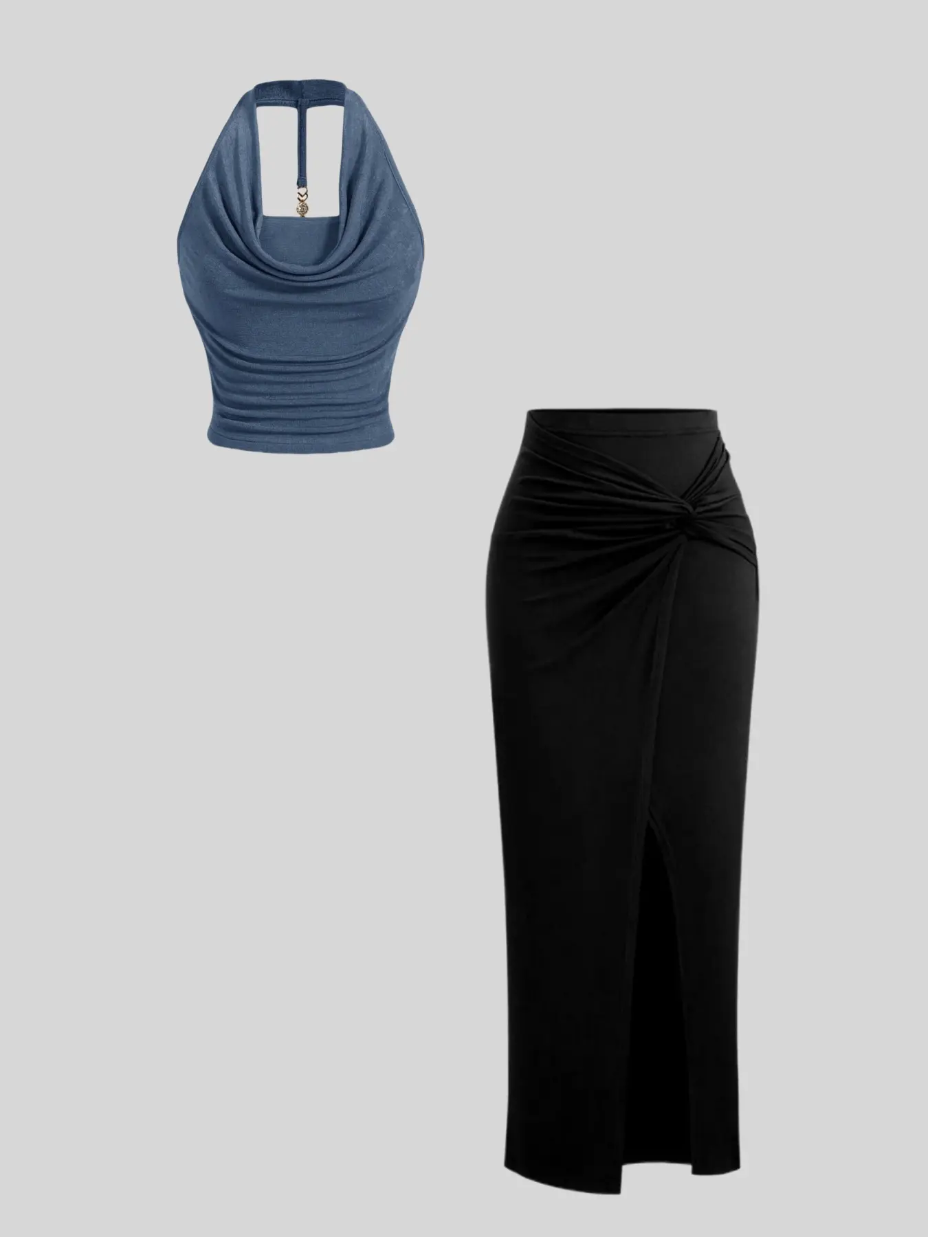 Elegant and Versatile Trendy Y2k Halter Neck and Backless Sleeveless Vest Paired with Sexy Slit Skirt Suit, Cleverly Matches Two Different Styles Of Fabrics, Lady Minimalist Clothes Summer Matching Set Halter Skirt Suits