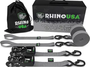 Ratchet Straps Tie Down Kit with 5,208 Break Strength, (2) 1.6'x8' Rachet Tiedowns with Padded Handles & Coated Chromoly S Hooks and (2) Soft Loop Tie-Downs