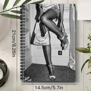 Vintage fashion high heel illustration A5 spiral notebook, black spiral binding, size 21*14.5 cm, 24hole spiral coil, 50 sheets 100 pages, suitable for student class notes, office meeting records, portable planners, and diaries, suitable for professional