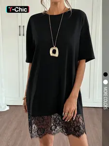 Women's Fashion Casual Wear Loose Solid Color Lace Patchwork Short Sleeve Dress, Stylish Summer, Comfortable and Elegant Design