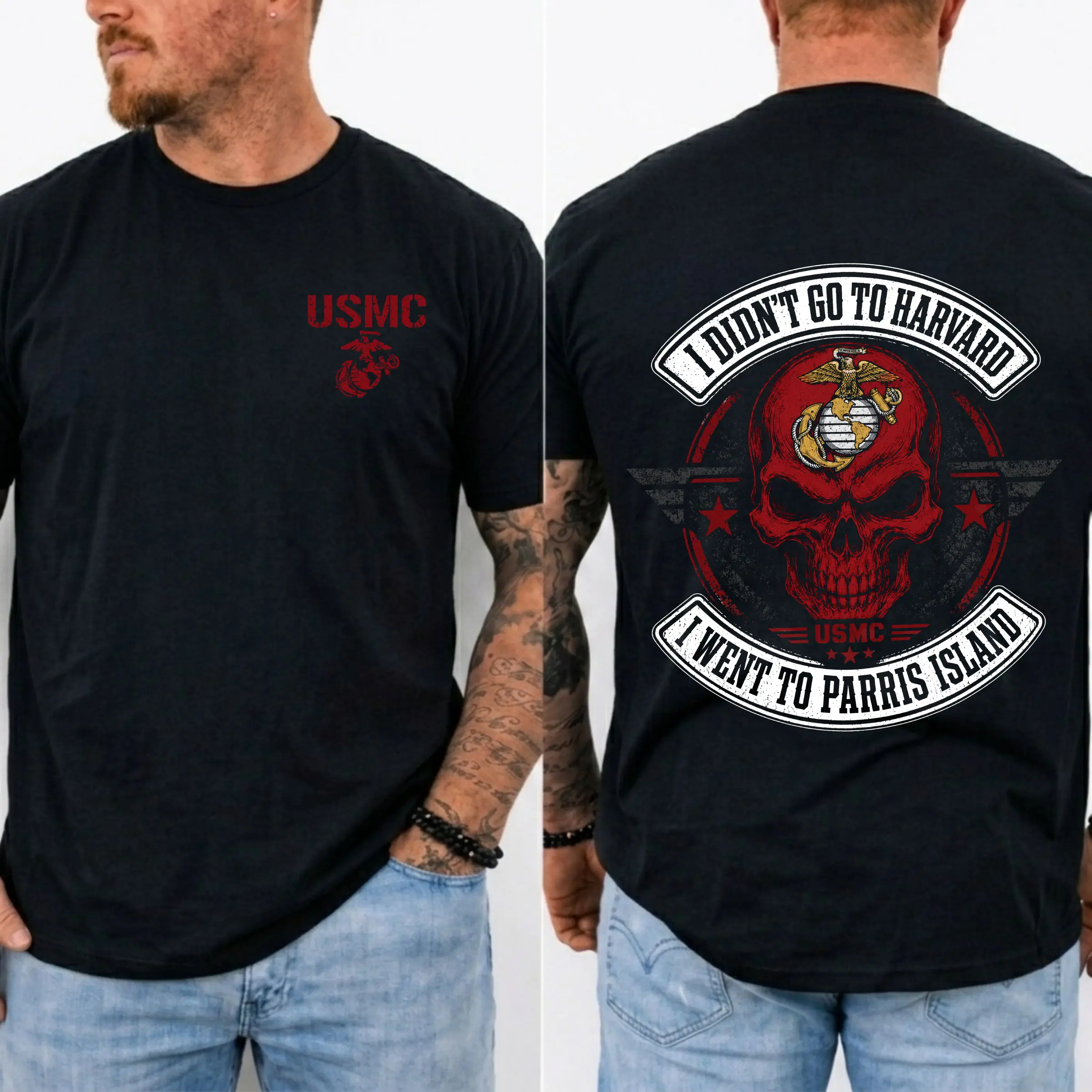 USMC Parris Island Shirt, I Didn’t Go to Harvard Marine Corps Graphic Tee, Vintage Skull Military T-Shirt, Marine Veteran Gift