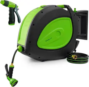 Retractable Garden Hose Reel 100ft 1/2 inch Rubber – Wall Mounted Auto Rewind Hose Reel with Durable PP Housing, 7-Pattern Nozzle & High-Pressure Spray Gun, Heavy Duty for Yard, Lawn, Garden