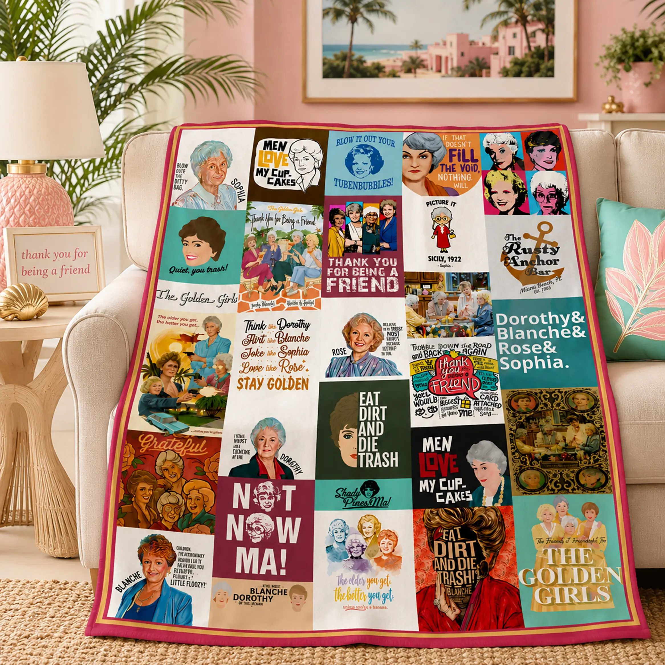 The Golden Girls Throw Blanket TV Show Character Collage Print Soft Flannel Fleece Cozy Warm Lightweight Blanket For Bed Sofa Couch Bedroom Living Room Home Decor Birthday Christmas Gift For Fans Women Men Teens Adults
