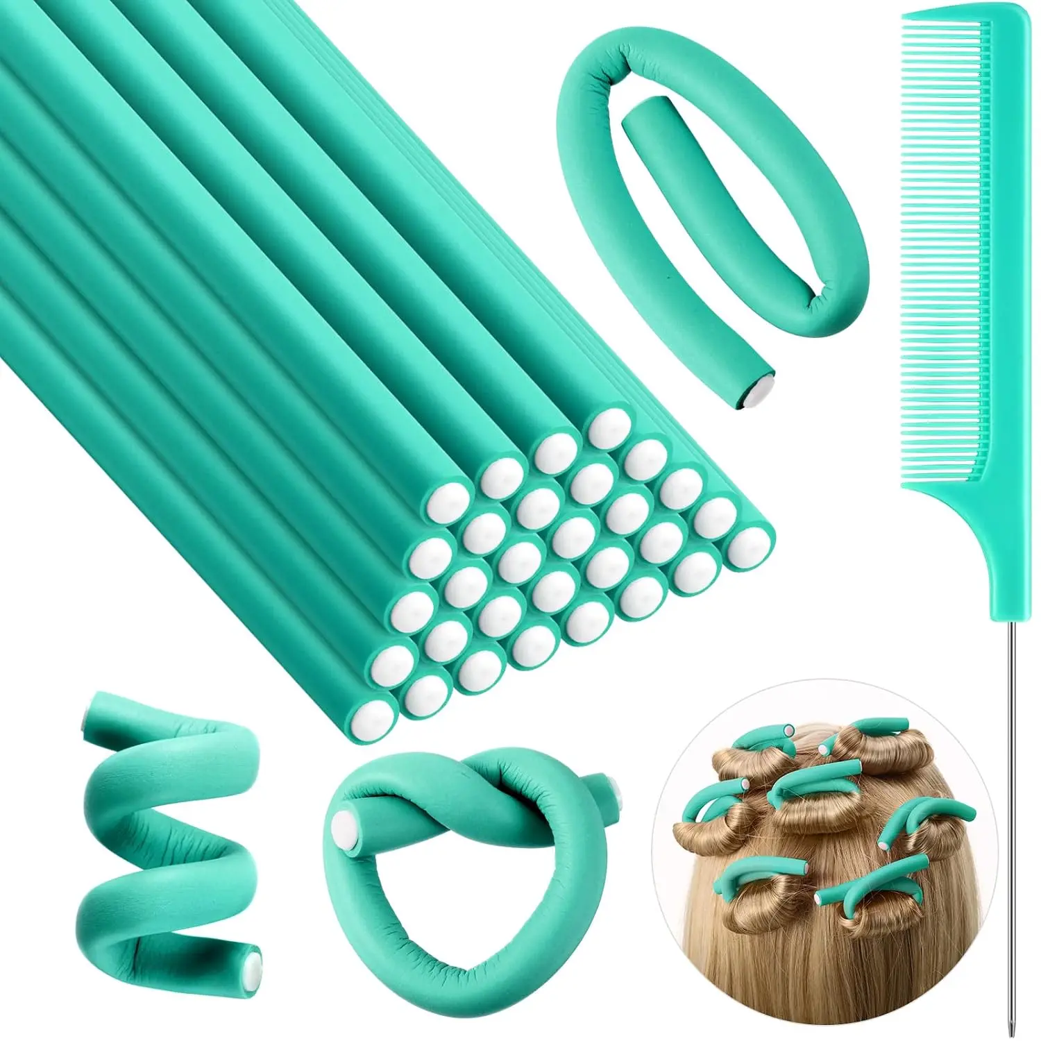 30 Pcs Heatless Hair Curlers Set, 7-Inch Flexible Foam Flexi Rods in Lake Green with Steel Pintail Comb, No-Heat Curling Rollers for Long, Medium & Short Hair, DIY Styling Tools