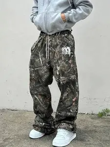 Men's Casual Camo Long Pants, Camouflage Print Pants, Letter M Print Loose Fit Drawstring Wide Leg, All Season Fashionable Men's Clothing, Casual Streetwear Trousers