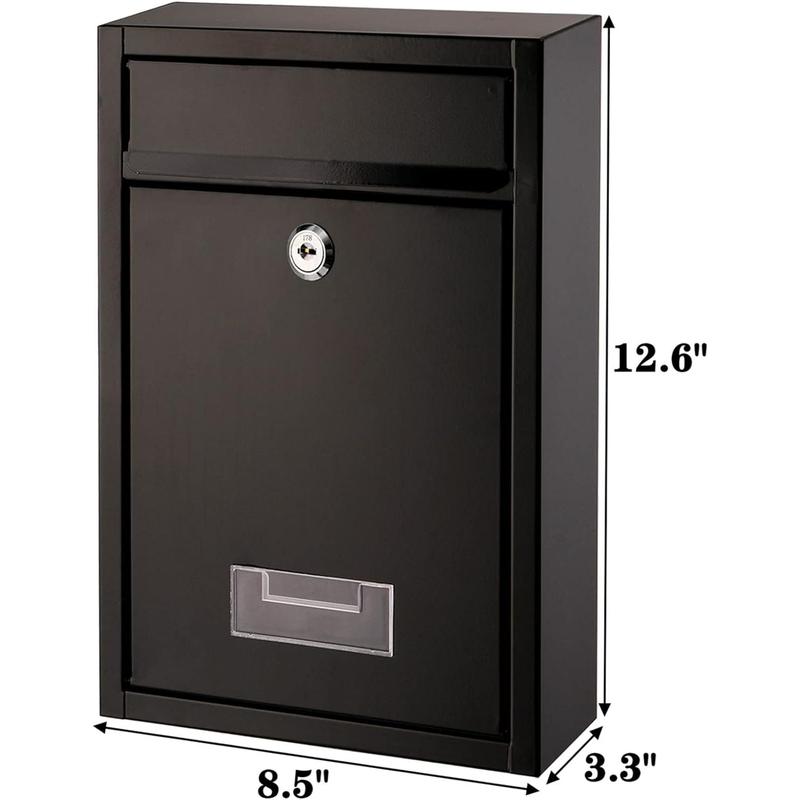 Wall Mount Mailbox, Steel Cover Metal Drop Box, Mail Box with Key Lock, Dropbox with Slot for Envelope, Home, Outside, Office Business, Decor, 12.6" H x 8.5" L x 3.3" W, Black
