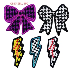 Trendy Plaid Bowknot + Lightning Baseball Patch, 5 Designs Available, Unique Personality Embellishments, Perfect for Customization, Geometric Embroidery Design, Embroidery Patches