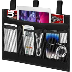 Bedside Caddy Storage Organizer, Hanging Storage Bag Pocket for Bunk/Hospital Beds,College Dorm Organizer for Remotes Phone,College Dorm,Camp,Bed Rails(4 Pockets),Black