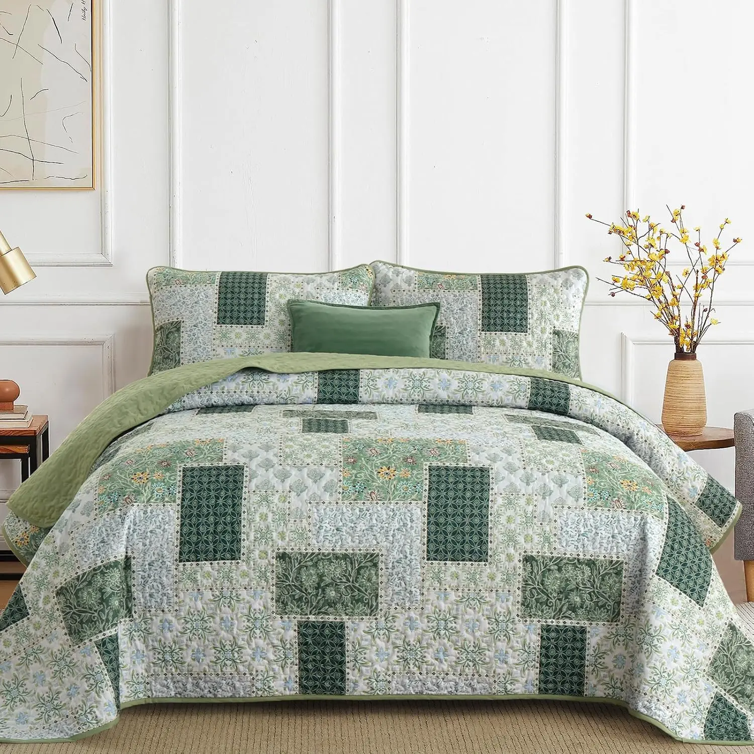 Patchwork Quilt Set  Size 3 count Green Floral Plaid Bedspread Set Reversible Quilt Bedding Set Microfiber Bedding Bedspread Coverlet Set for  Season( 96"x90")