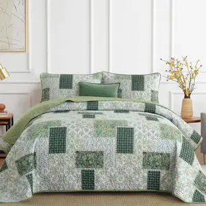 Patchwork Quilt Set  Size 3 count Green Floral Plaid Bedspread Set Reversible Quilt Bedding Set Microfiber Bedding Bedspread Coverlet Set for  Season( 96"x90")