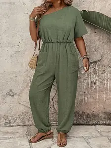 Women's Plain Loose-Fitting Long Pants, High-Waisted Design with Pockets & Short Sleeves, Comfortable Casual Daily Wear for Various Occasions