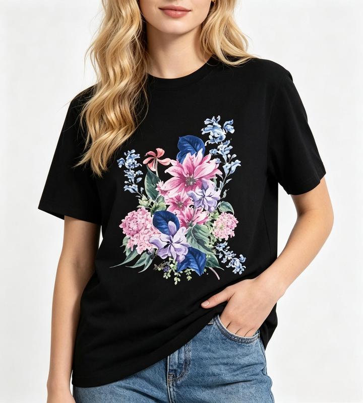 Women's Pure Cotton Watercolor Floral Print Tshirt - Crew Neck, Fitted Cut, Lightweight, Comfortable Short Sleeve Top, Black Pink Purple Blue Flowers, Beach Style Casual Aesthetic Tee #sohochic