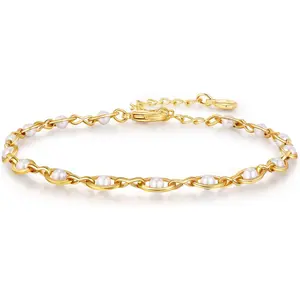 Gold Pearl Bracelet for Women, 18K Gold Plated Dainty Pearls Beaded Chain Bracelet Valentines Gift for Women