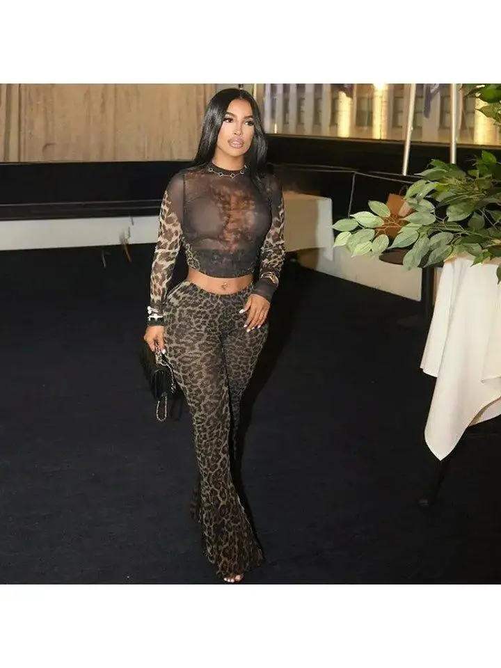 Hoochie Couture Leopard Pattern Long Sleeve Cropped Pant Set – Wild, Sleek & Fashion Forward