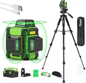 Laser Level with Tripod, Huepar Laser Level 360 Self Leveling Rechargeable Lazer Level for Picture Hanging and Construction, with Pluse Mode for Outdoor, Hard Carry Case, Tripod, Glasses, Target Plate